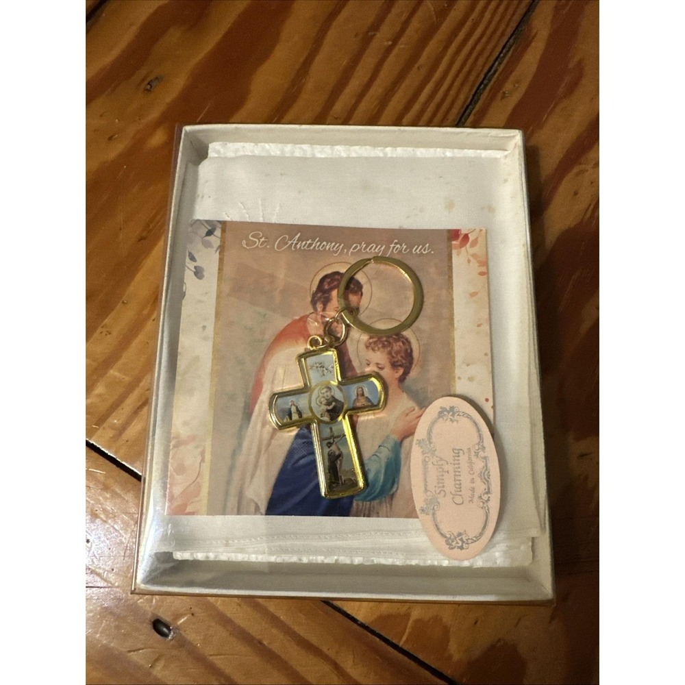 St Anthony Gold‎ tone Key Chain Cross Pray For Us New Vintage Booklet Hanky